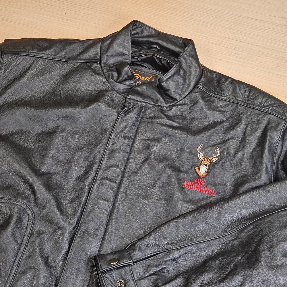 Old Milwaukee Beer Leather Bomber Jacket Mens 50 XXL Black Promo Reed Sportswear